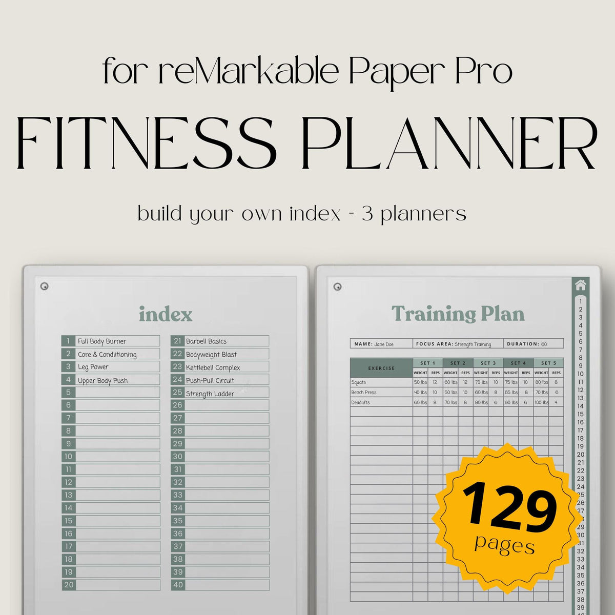 This planner for reMarkable Paper Pro includes multiple hyperlinked workout journals that support different training styles. With organized layouts and easy navigation, it is designed to help maintain consistency across strength training, conditioning, and general fitness programs.