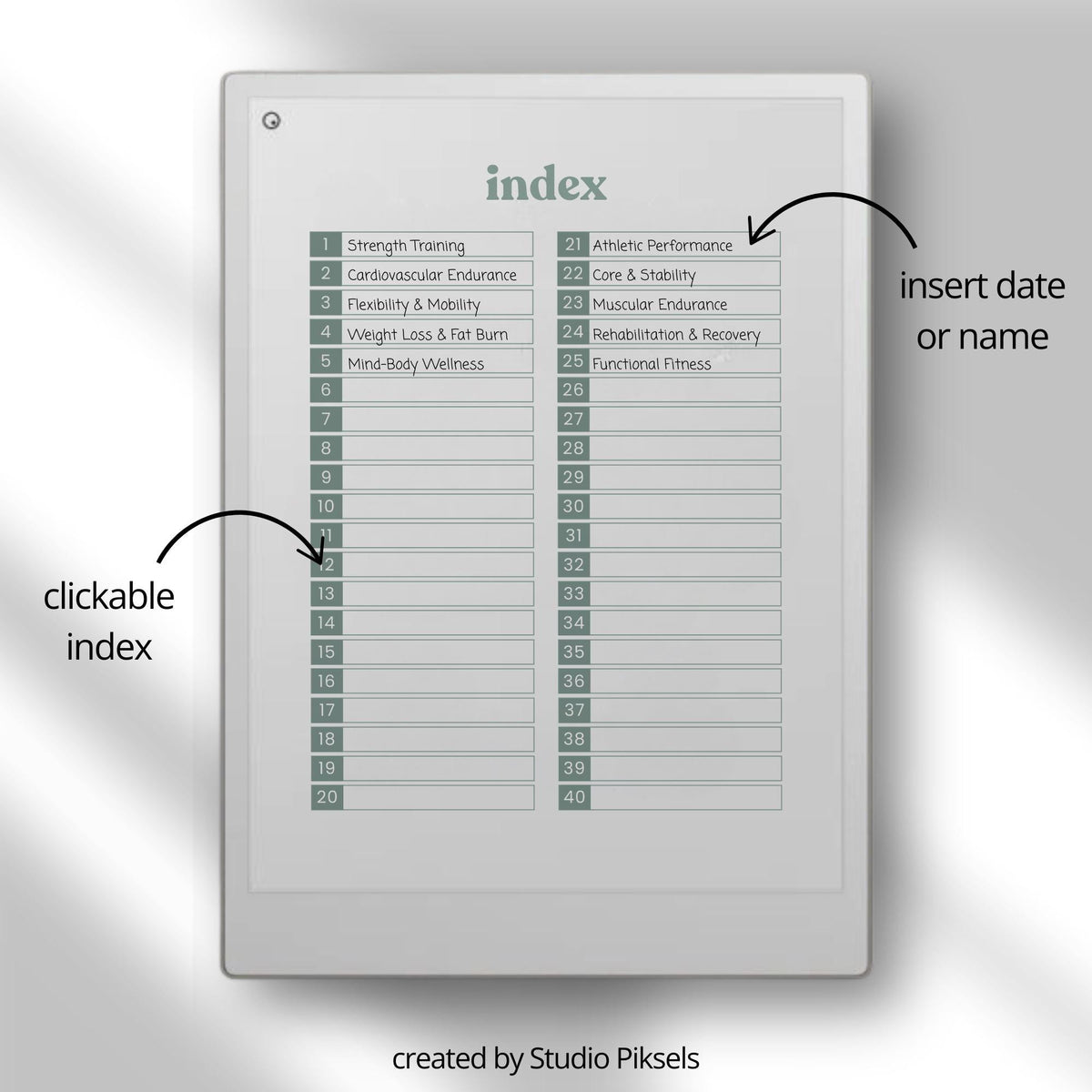 This planner for reMarkable Paper Pro includes multiple hyperlinked workout journals that support different training styles. With organized layouts and easy navigation, it is designed to help maintain consistency across strength training, conditioning, and general fitness programs.