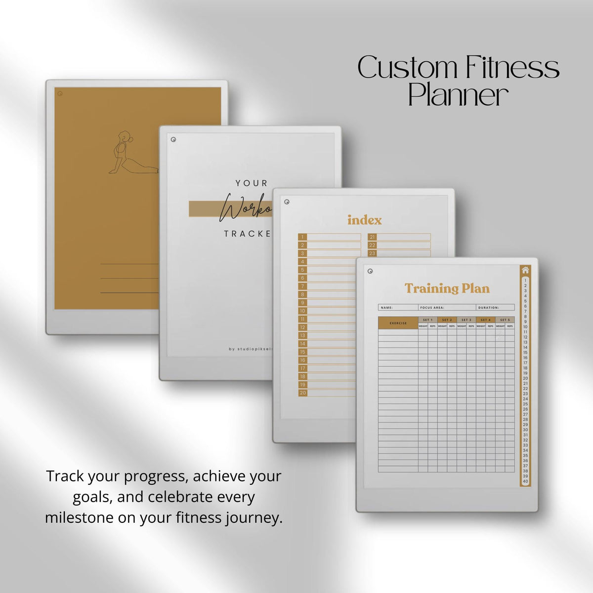 This planner for reMarkable Paper Pro includes multiple hyperlinked workout journals that support different training styles. With organized layouts and easy navigation, it is designed to help maintain consistency across strength training, conditioning, and general fitness programs.