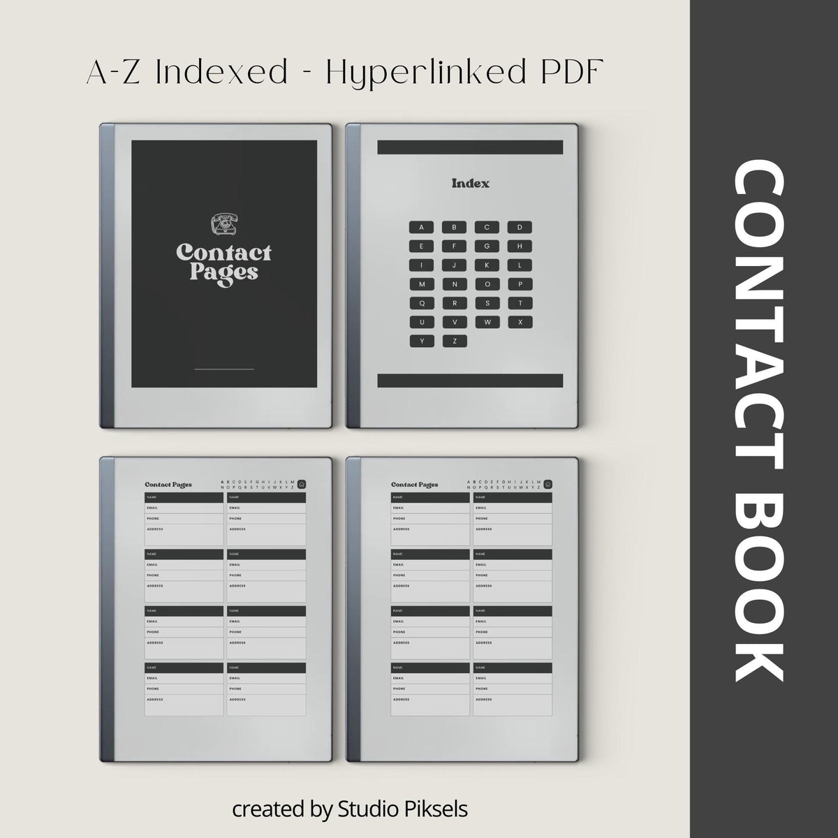 Digital contact book bundle for reMarkable Paper Pure and reMarkable 2 with hyperlinked A-Z sections and organized contact layouts