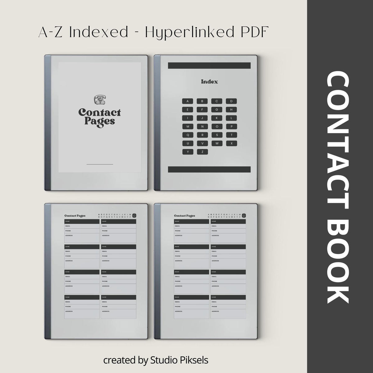 Digital contact book bundle for reMarkable Paper Pure and reMarkable 2 with hyperlinked A-Z sections and organized contact layouts