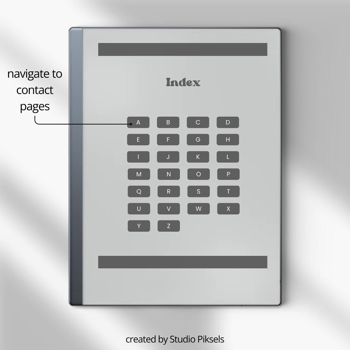 Digital contact book bundle for reMarkable Paper Pure and reMarkable 2 with hyperlinked A-Z sections and organized contact layouts
