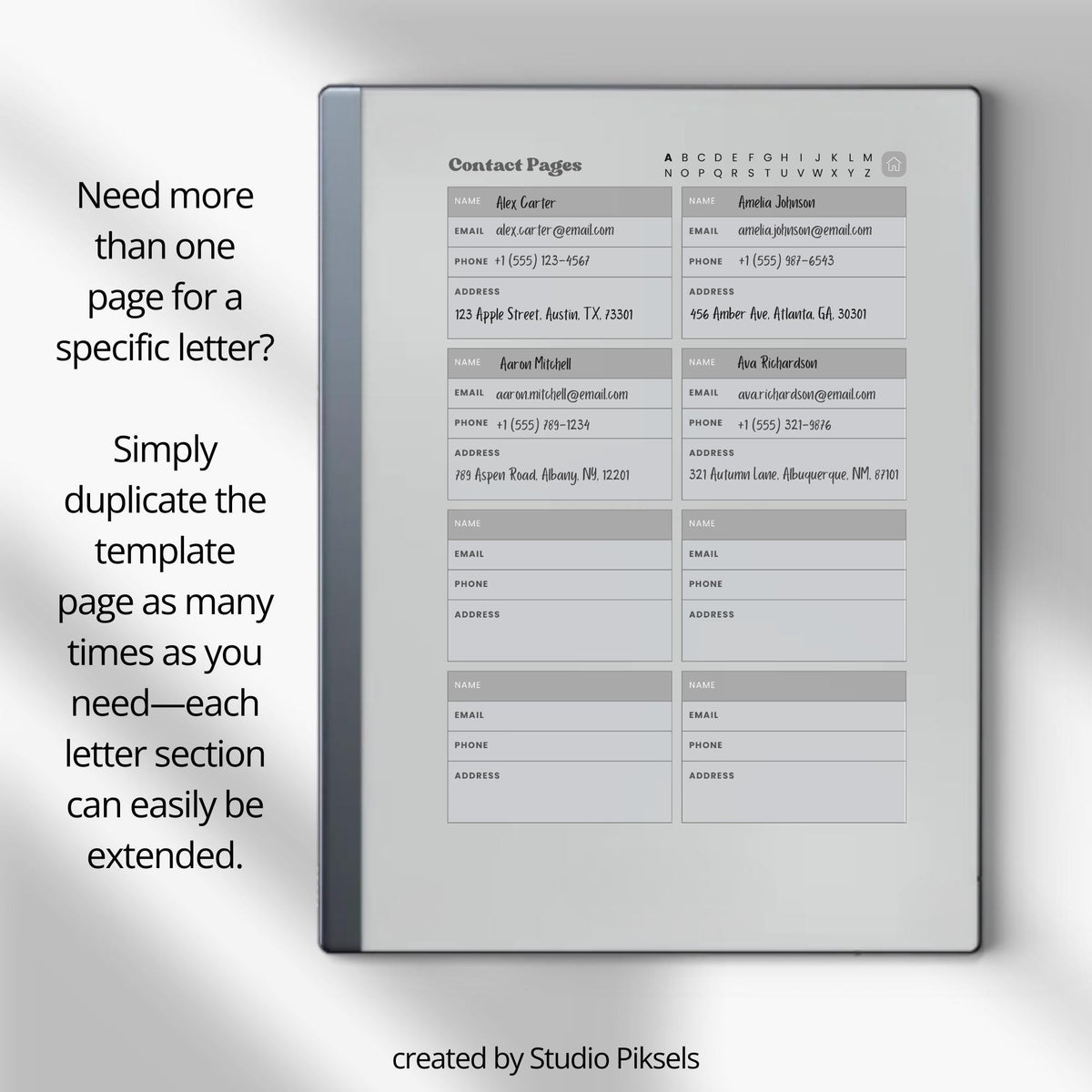 Digital contact book bundle for reMarkable Paper Pure and reMarkable 2 with hyperlinked A-Z sections and organized contact layouts