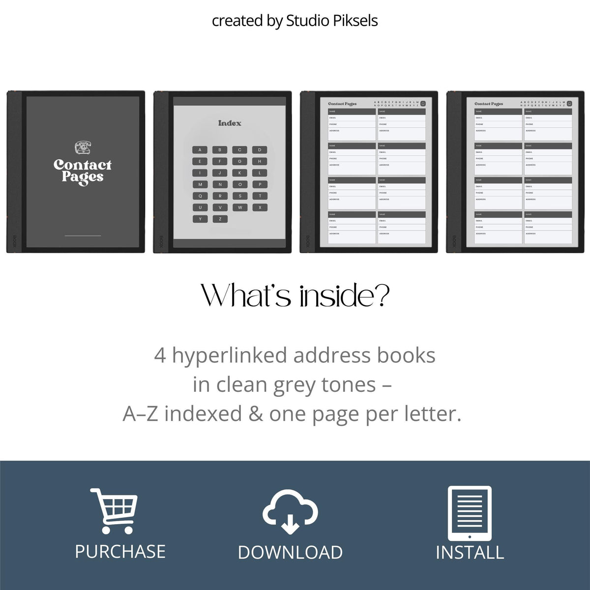 Digital Contact Book Bundle for BOOX with hyperlinked A–Z contact pages and minimalist grey digital organizer layouts.