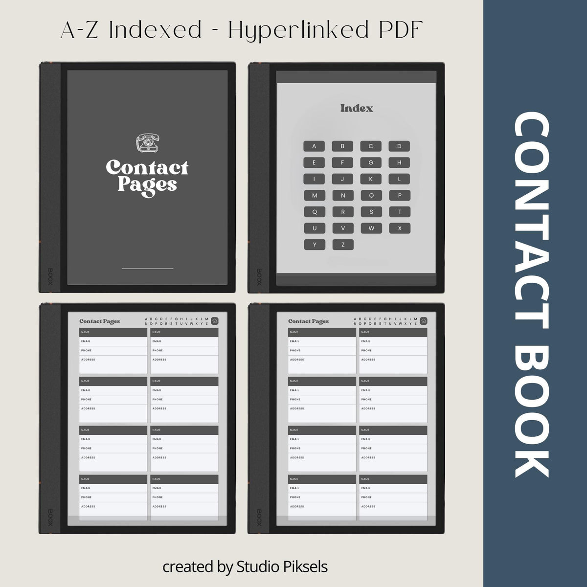 Digital Contact Book Bundle for BOOX with hyperlinked A–Z contact pages and minimalist grey digital organizer layouts.