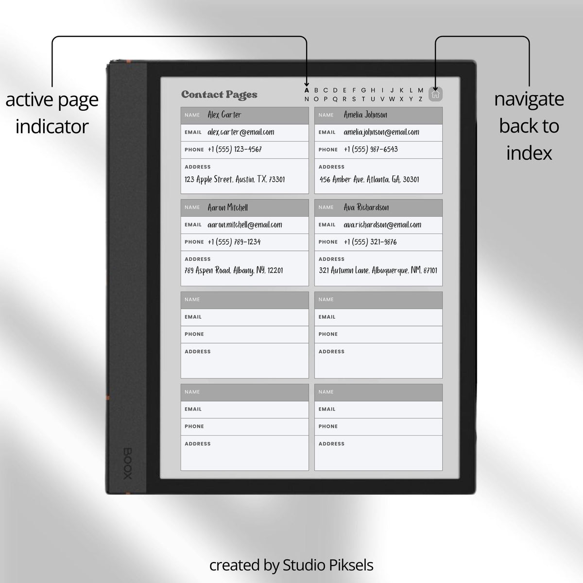 Digital Contact Book Bundle for BOOX with hyperlinked A–Z contact pages and minimalist grey digital organizer layouts.