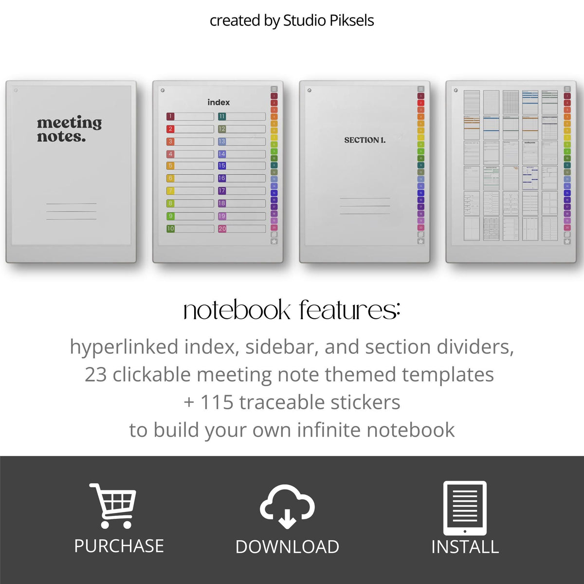 Hyperlinked meeting notebook for reMarkable Paper Pro featuring customizable meeting templates, linked sections, digital stickers, task tracking layouts, and organized business planning pages for structured digital note-taking and productivity management.
