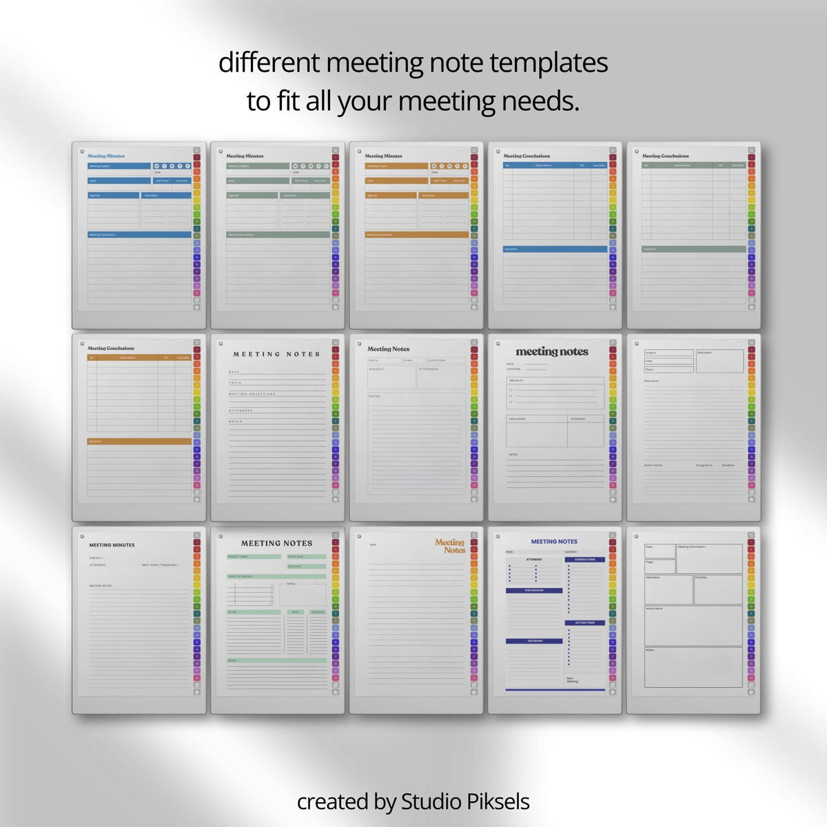 Hyperlinked meeting notebook for reMarkable Paper Pro featuring customizable meeting templates, linked sections, digital stickers, task tracking layouts, and organized business planning pages for structured digital note-taking and productivity management.