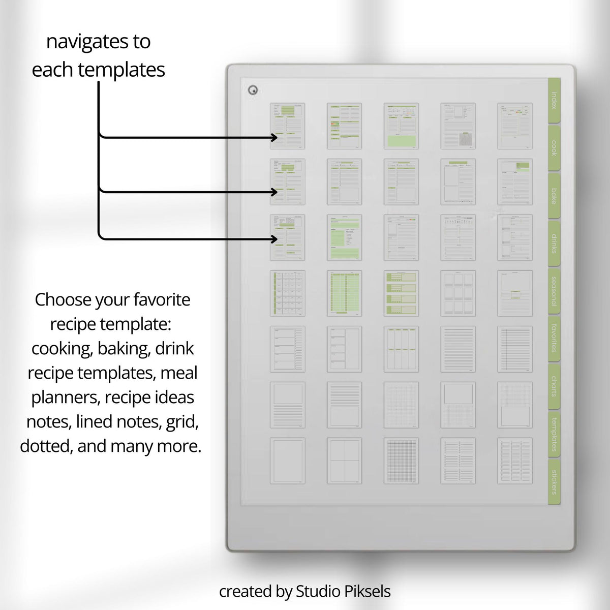 Hyperlinked Recipe Book for reMarkable Paper Pro with customizable recipe templates, meal planning pages, recipe trackers, cooking layouts, and digital cookbook organization tools.