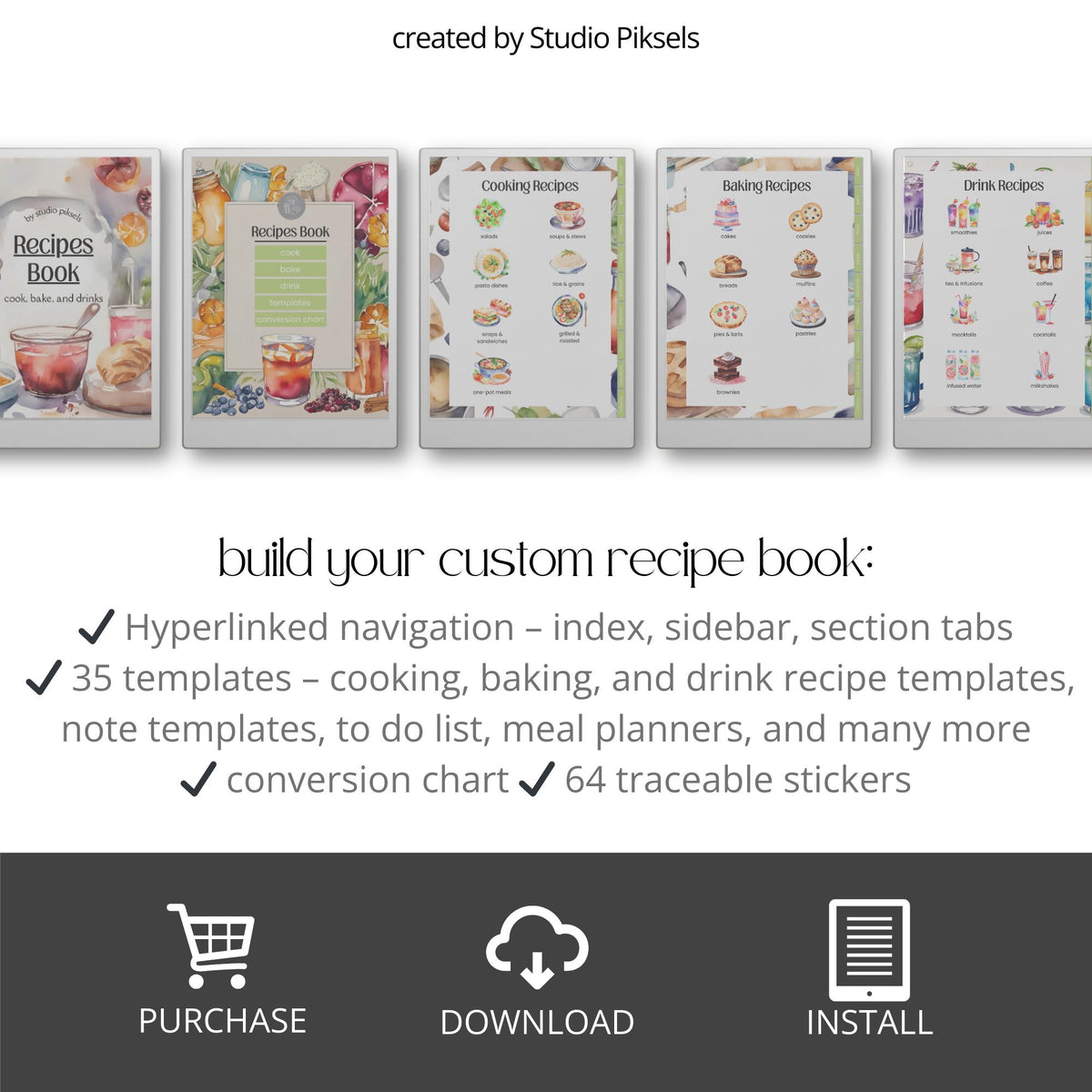 Hyperlinked Recipe Book for reMarkable Paper Pro with customizable recipe templates, meal planning pages, recipe trackers, cooking layouts, and digital cookbook organization tools.