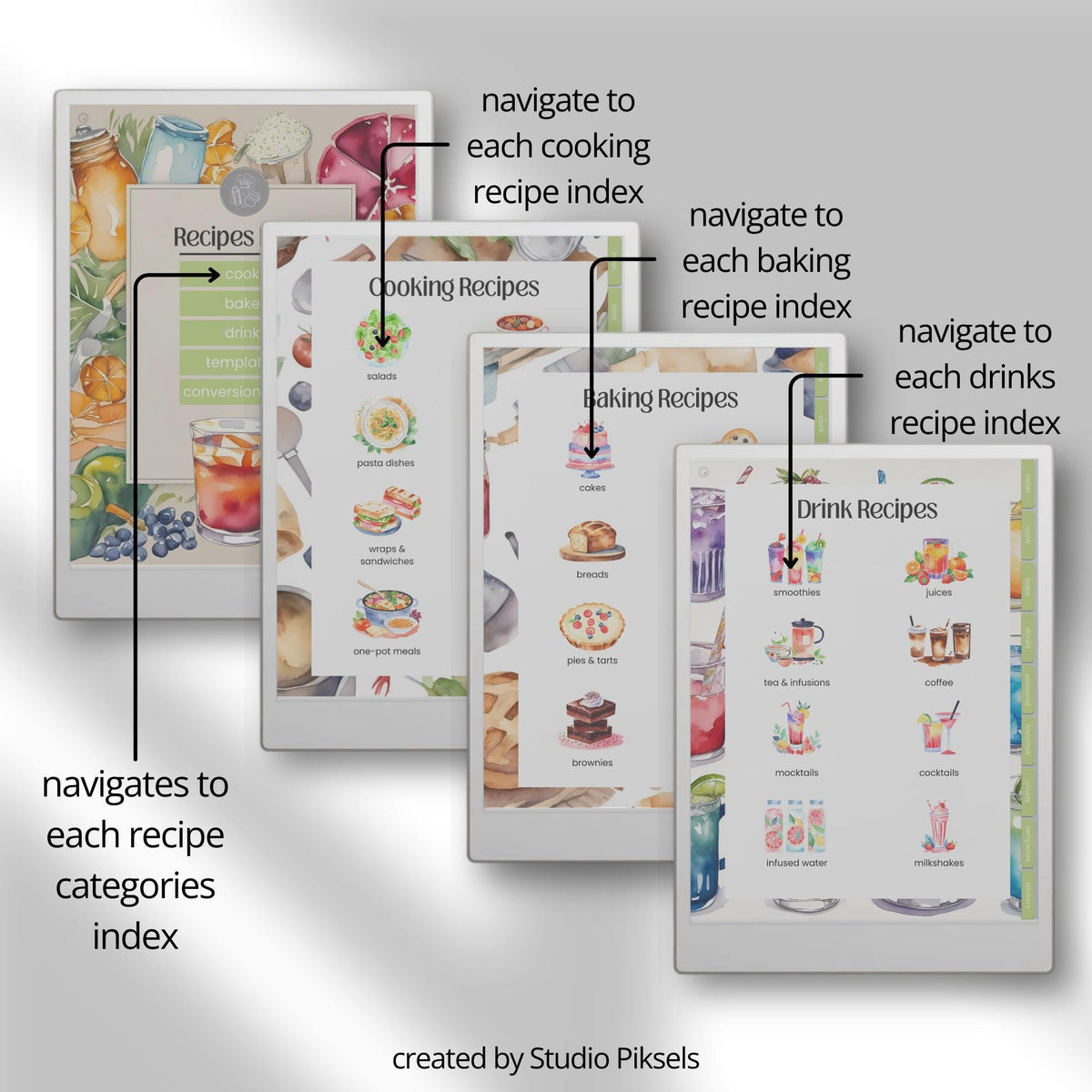 Hyperlinked Recipe Book for reMarkable Paper Pro with customizable recipe templates, meal planning pages, recipe trackers, cooking layouts, and digital cookbook organization tools.