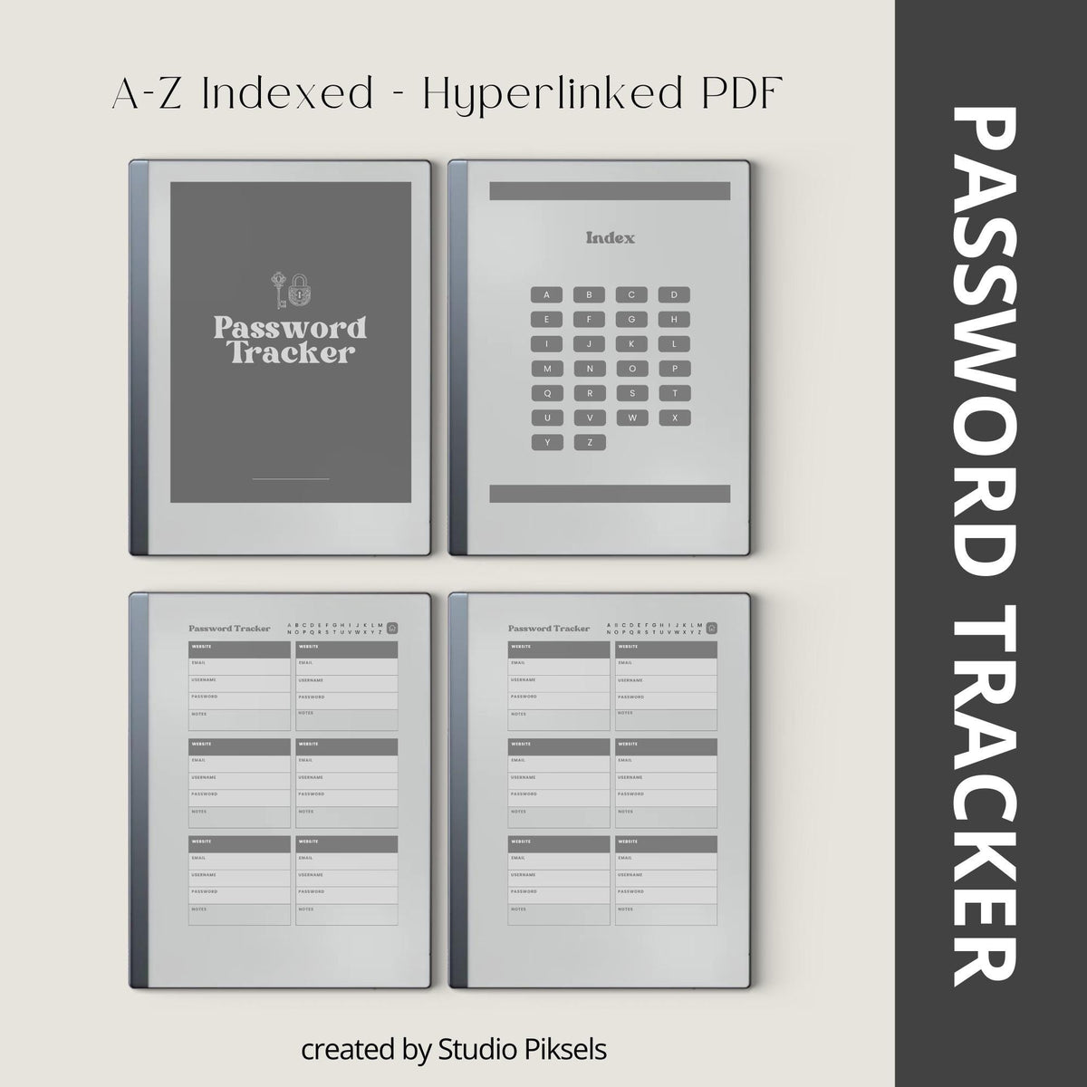 Password Tracker Bundle for reMarkable 2 and reMarkable Paper Pure with hyperlinked A–Z index, greyscale layouts, and digital login organizer pages