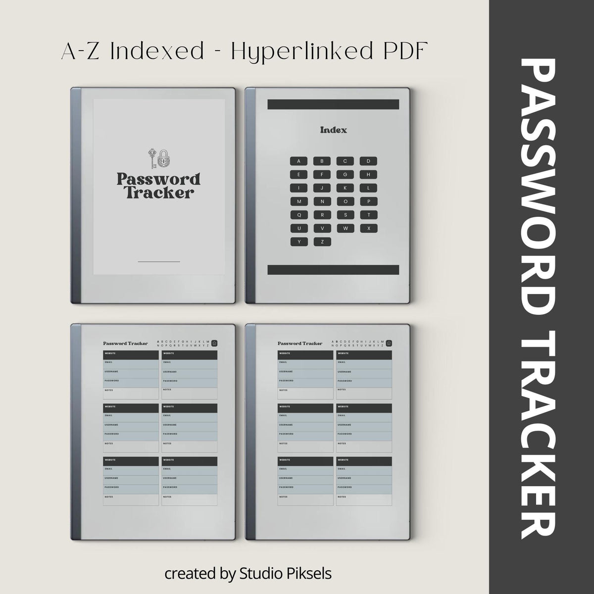 Password Tracker Bundle for reMarkable 2 and reMarkable Paper Pure with hyperlinked A–Z index, greyscale layouts, and digital login organizer pages