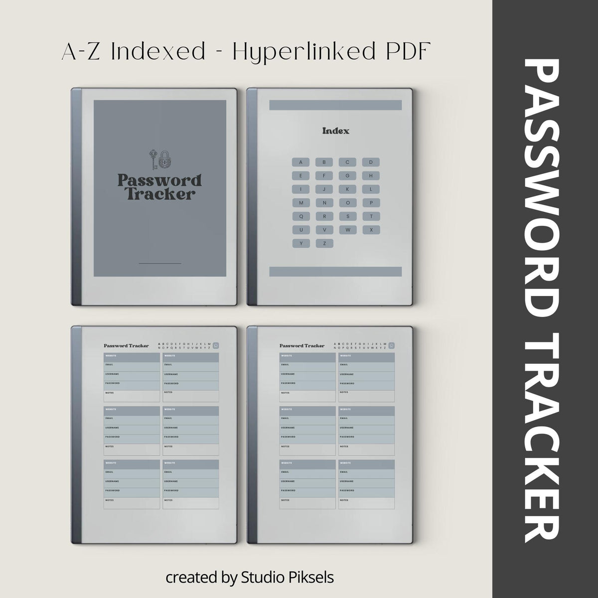 Password Tracker Bundle for reMarkable 2 and reMarkable Paper Pure with hyperlinked A–Z index, greyscale layouts, and digital login organizer pages