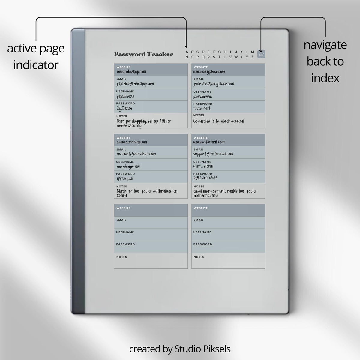Password Tracker Bundle for reMarkable 2 and reMarkable Paper Pure with hyperlinked A–Z index, greyscale layouts, and digital login organizer pages