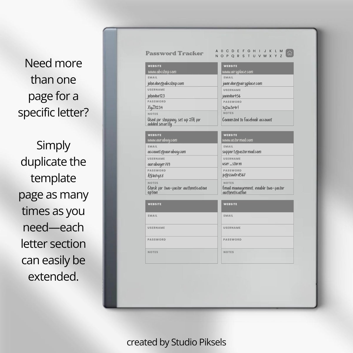 Password Tracker Bundle for reMarkable 2 and reMarkable Paper Pure with hyperlinked A–Z index, greyscale layouts, and digital login organizer pages