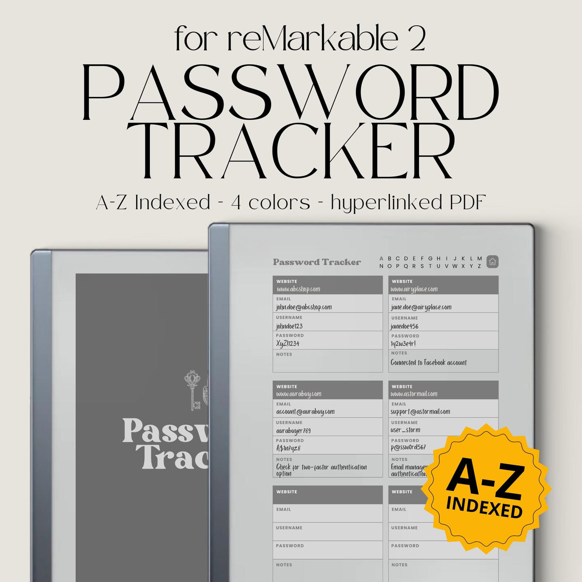 Password Tracker Bundle for reMarkable 2 and reMarkable Paper Pure with hyperlinked A–Z index, greyscale layouts, and digital login organizer pages