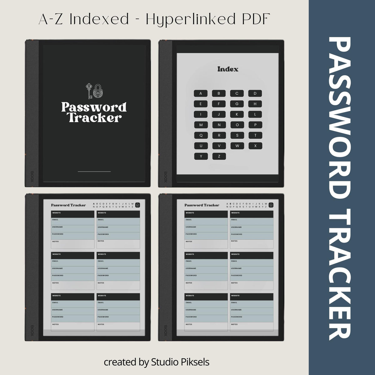 Password Tracker Bundle for BOOX e-Ink tablets with hyperlinked A-Z password pages and grayscale digital organizer layouts.