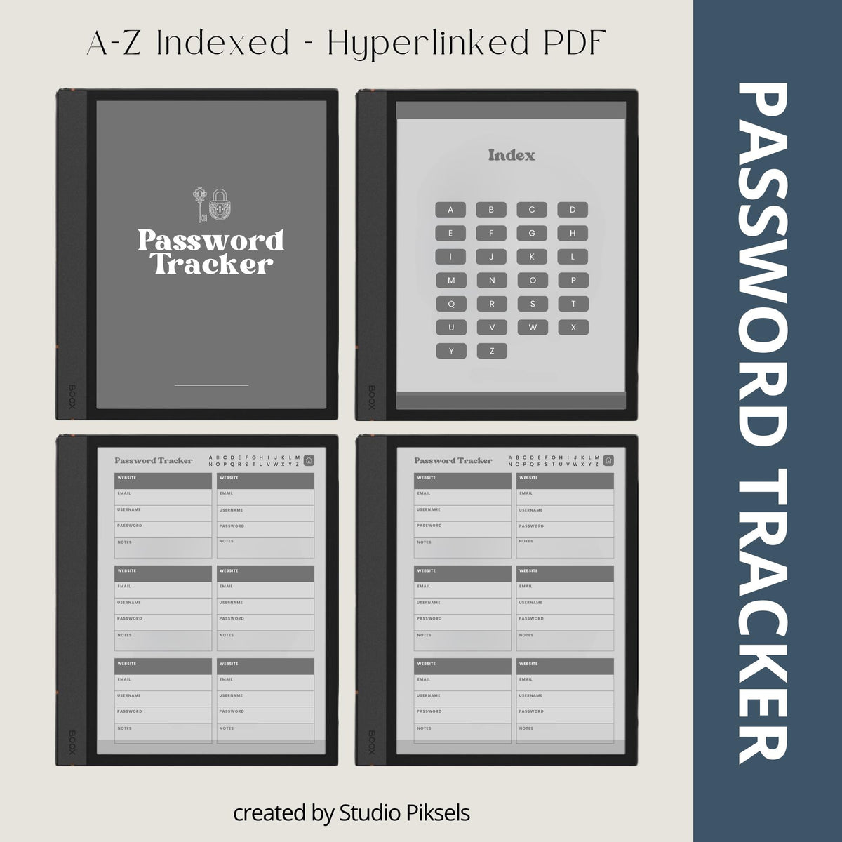 Password Tracker Bundle for BOOX e-Ink tablets with hyperlinked A-Z password pages and grayscale digital organizer layouts.