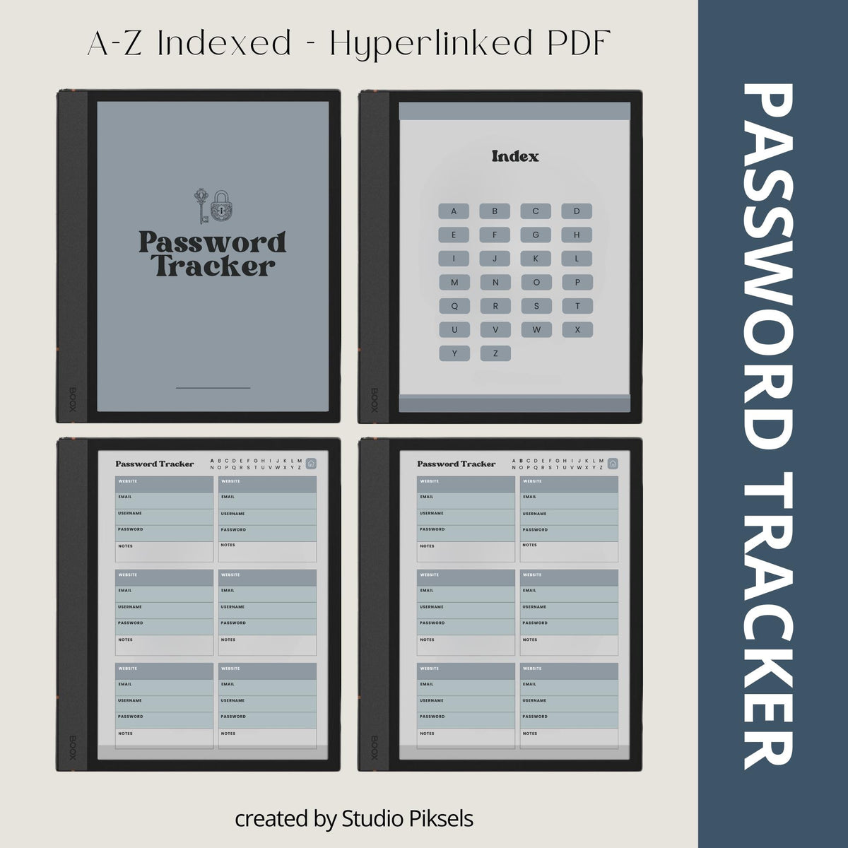 Password Tracker Bundle for BOOX e-Ink tablets with hyperlinked A-Z password pages and grayscale digital organizer layouts.