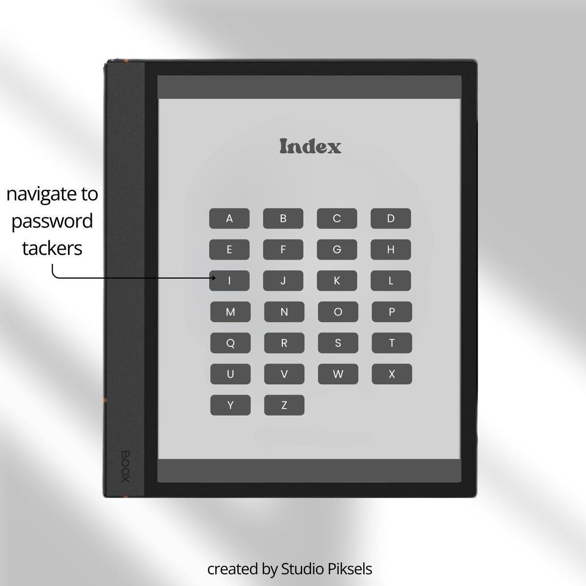 Password Tracker Bundle for BOOX e-Ink tablets with hyperlinked A-Z password pages and grayscale digital organizer layouts.