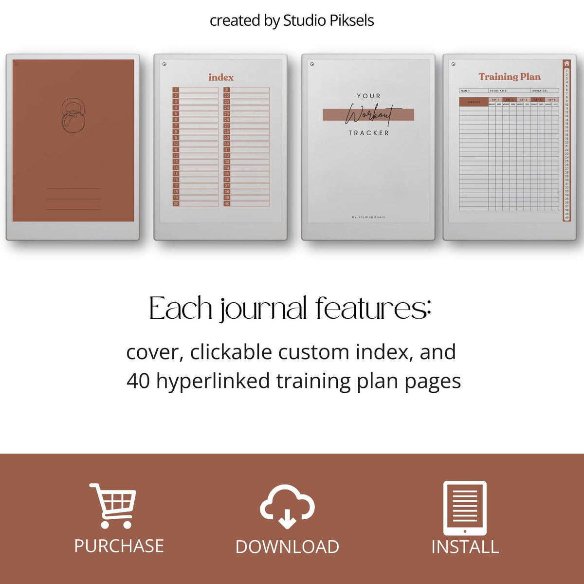 This planner for reMarkable Paper Pro includes multiple hyperlinked workout journals that support different training styles. With organized layouts and easy navigation, it is designed to help maintain consistency across strength training, conditioning, and general fitness programs.