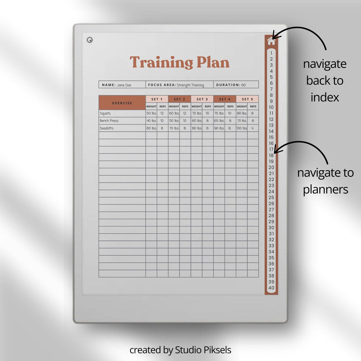 This planner for reMarkable Paper Pro includes multiple hyperlinked workout journals that support different training styles. With organized layouts and easy navigation, it is designed to help maintain consistency across strength training, conditioning, and general fitness programs.