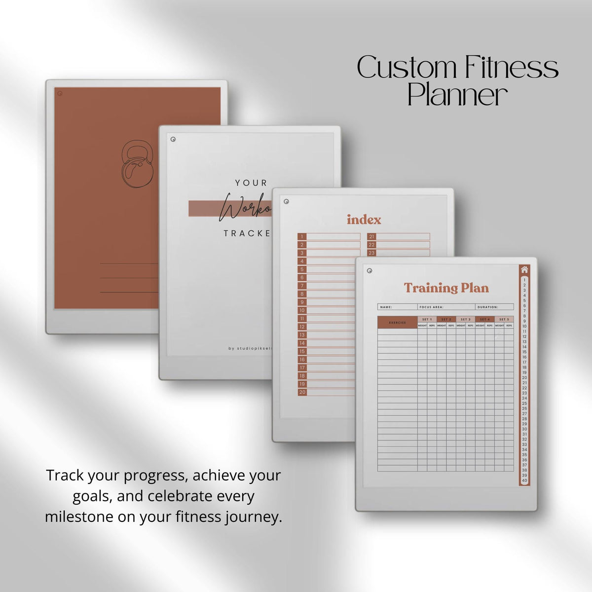 This planner for reMarkable Paper Pro includes multiple hyperlinked workout journals that support different training styles. With organized layouts and easy navigation, it is designed to help maintain consistency across strength training, conditioning, and general fitness programs.