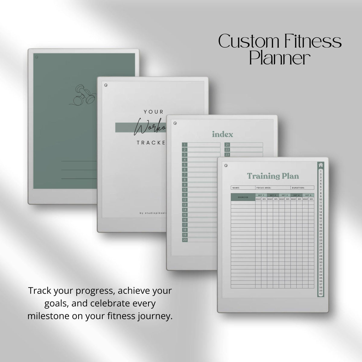 This planner for reMarkable Paper Pro includes multiple hyperlinked workout journals that support different training styles. With organized layouts and easy navigation, it is designed to help maintain consistency across strength training, conditioning, and general fitness programs.