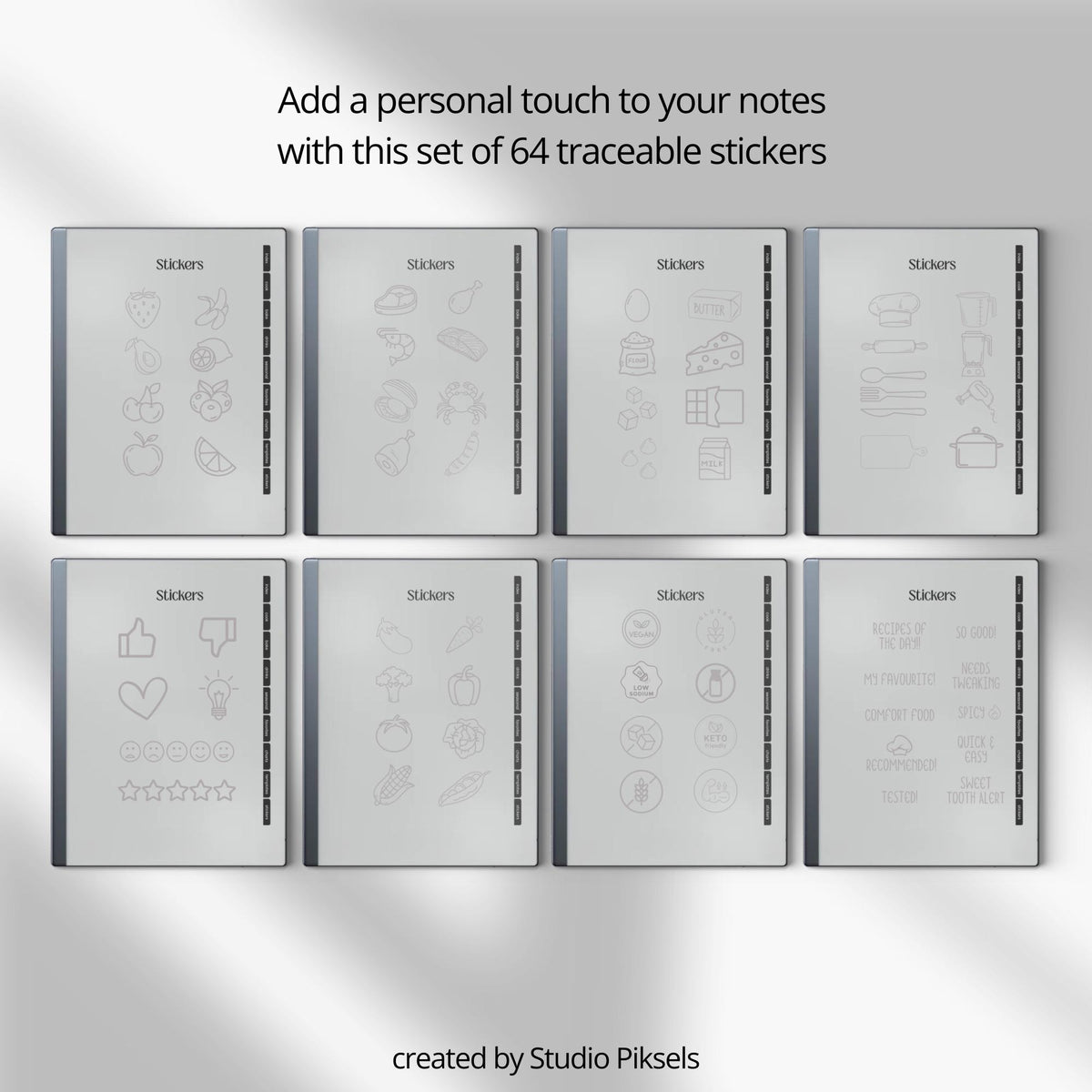 Unlimited Recipe Book PDF for reMarkable 2 and Paper Pure with grayscale recipe templates, clickable indexes, and digital cookbook pages.