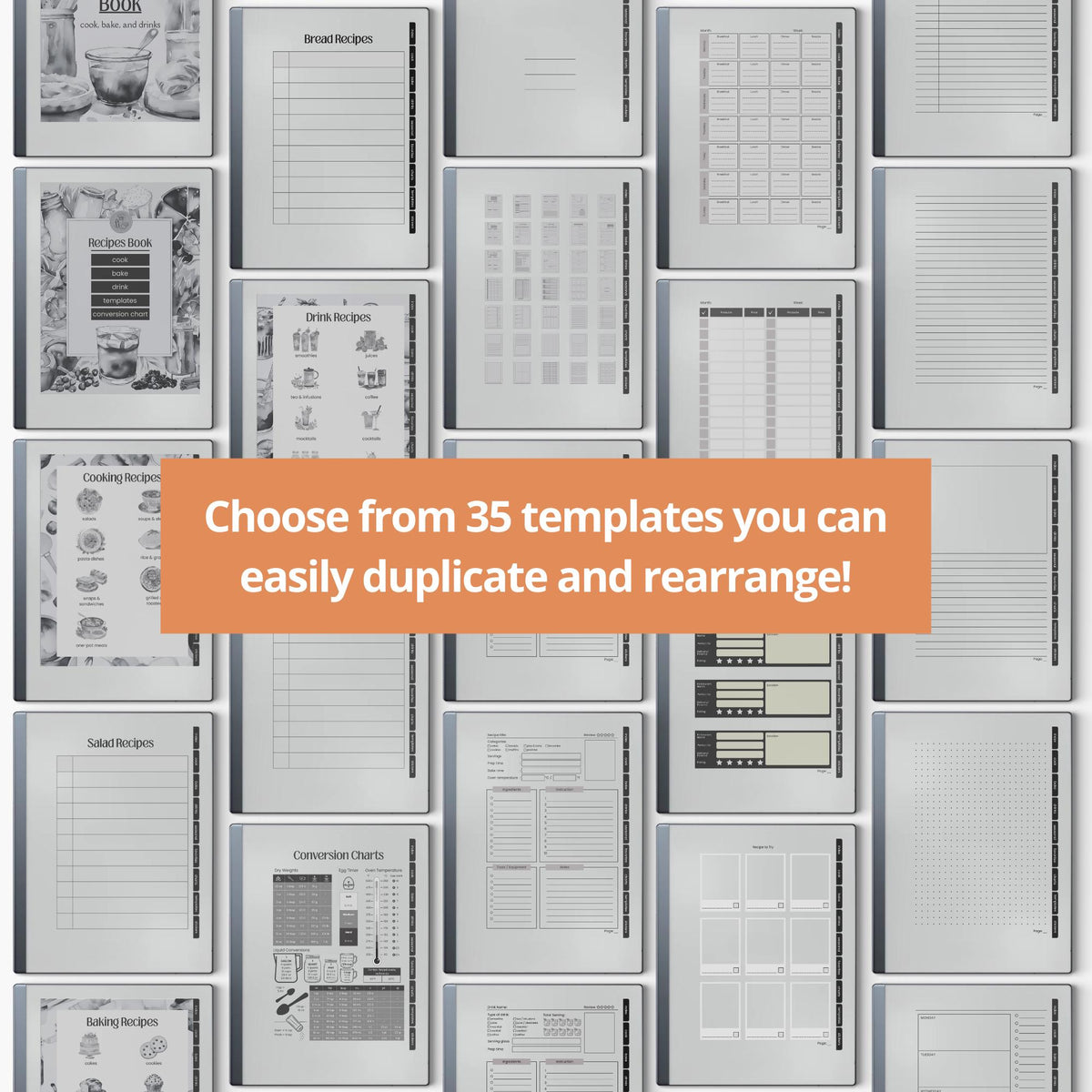 Unlimited Recipe Book PDF for reMarkable 2 and Paper Pure with grayscale recipe templates, clickable indexes, and digital cookbook pages.