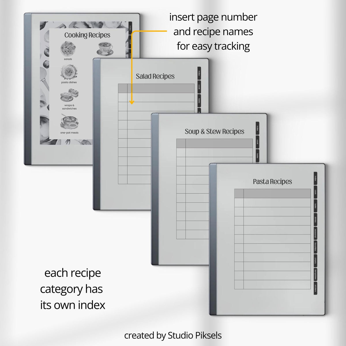 Unlimited Recipe Book PDF for reMarkable 2 and Paper Pure with grayscale recipe templates, clickable indexes, and digital cookbook pages.