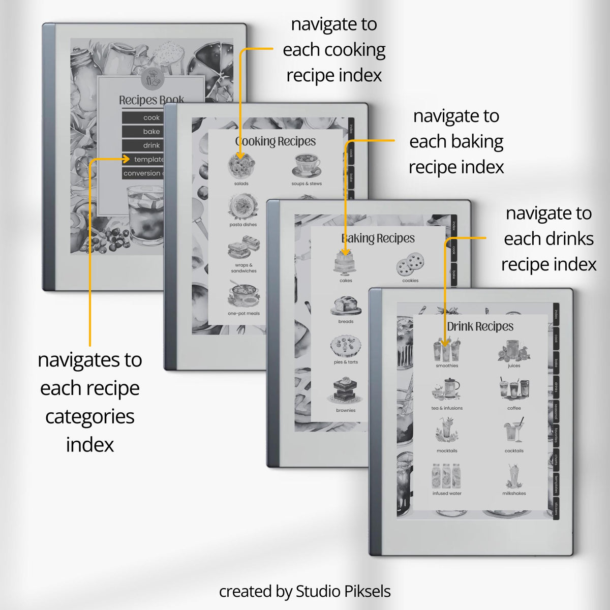 Unlimited Recipe Book PDF for reMarkable 2 and Paper Pure with grayscale recipe templates, clickable indexes, and digital cookbook pages.
