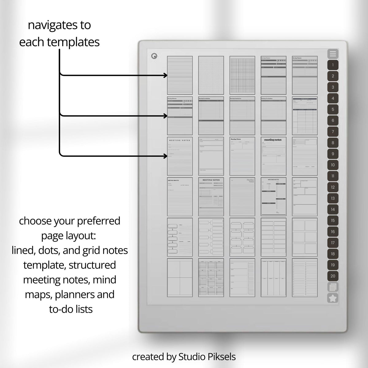 Hyperlinked meeting notebook for reMarkable Paper Pro featuring customizable meeting templates, linked sections, digital stickers, task tracking layouts, and organized business planning pages for structured digital note-taking and productivity management.