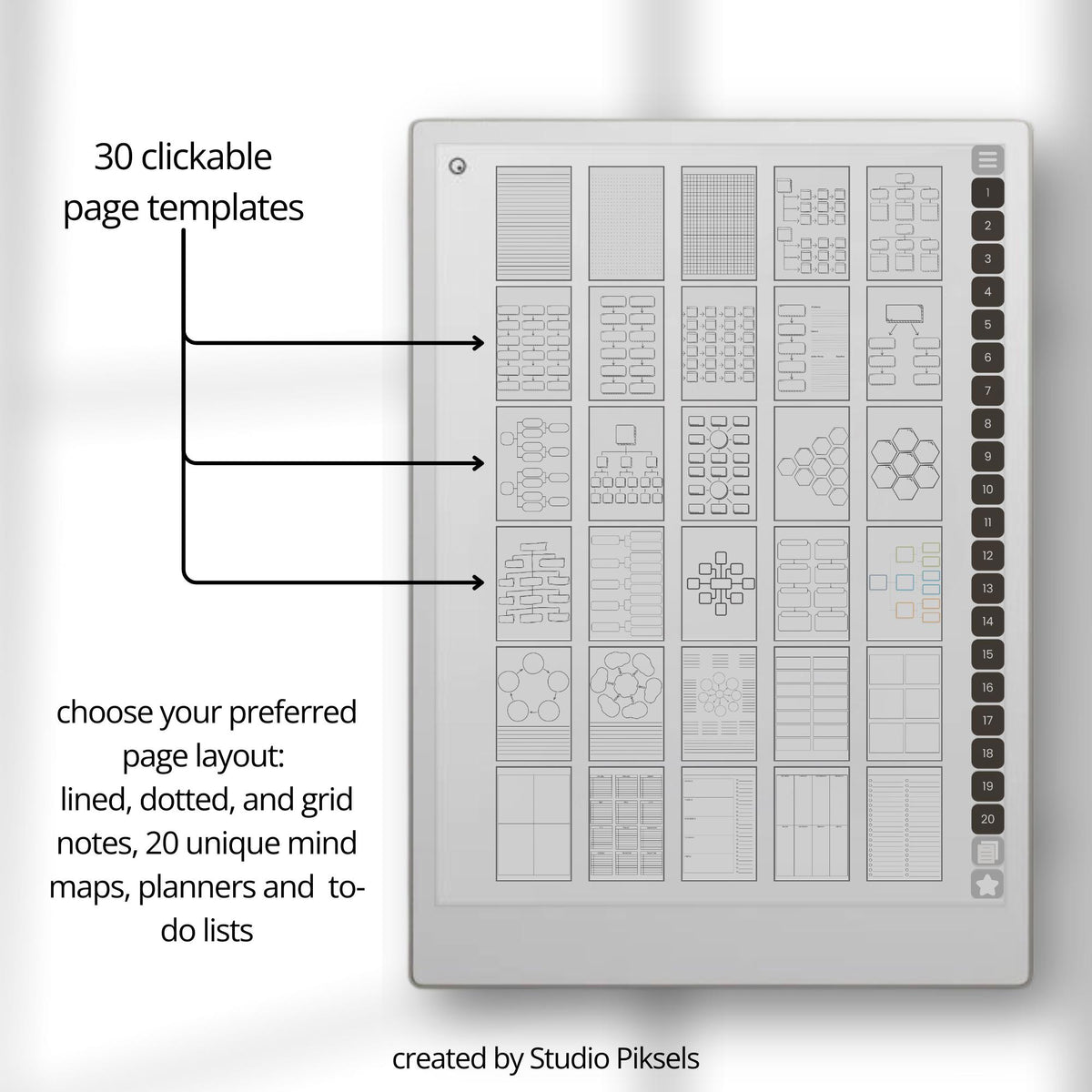 Hyperlinked mind map notebook for reMarkable Paper Pro featuring customizable templates, linked sections, reusable stickers, planners, and brainstorming layouts for digital planning and visual organization.