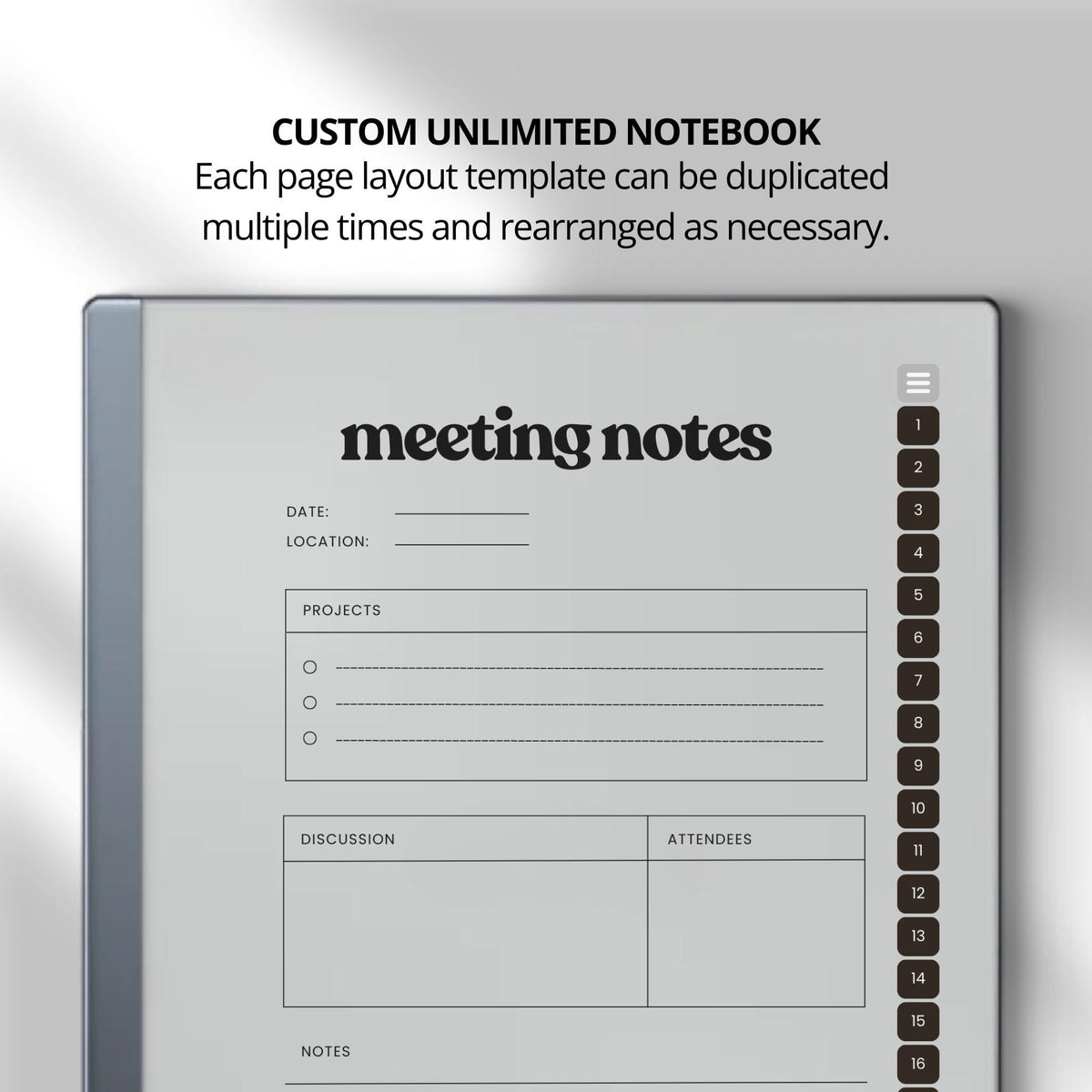 Unlimited Meeting Notes PDF for reMarkable 2 and Paper Pure with clickable templates, grayscale meeting pages, and hyperlinked navigation