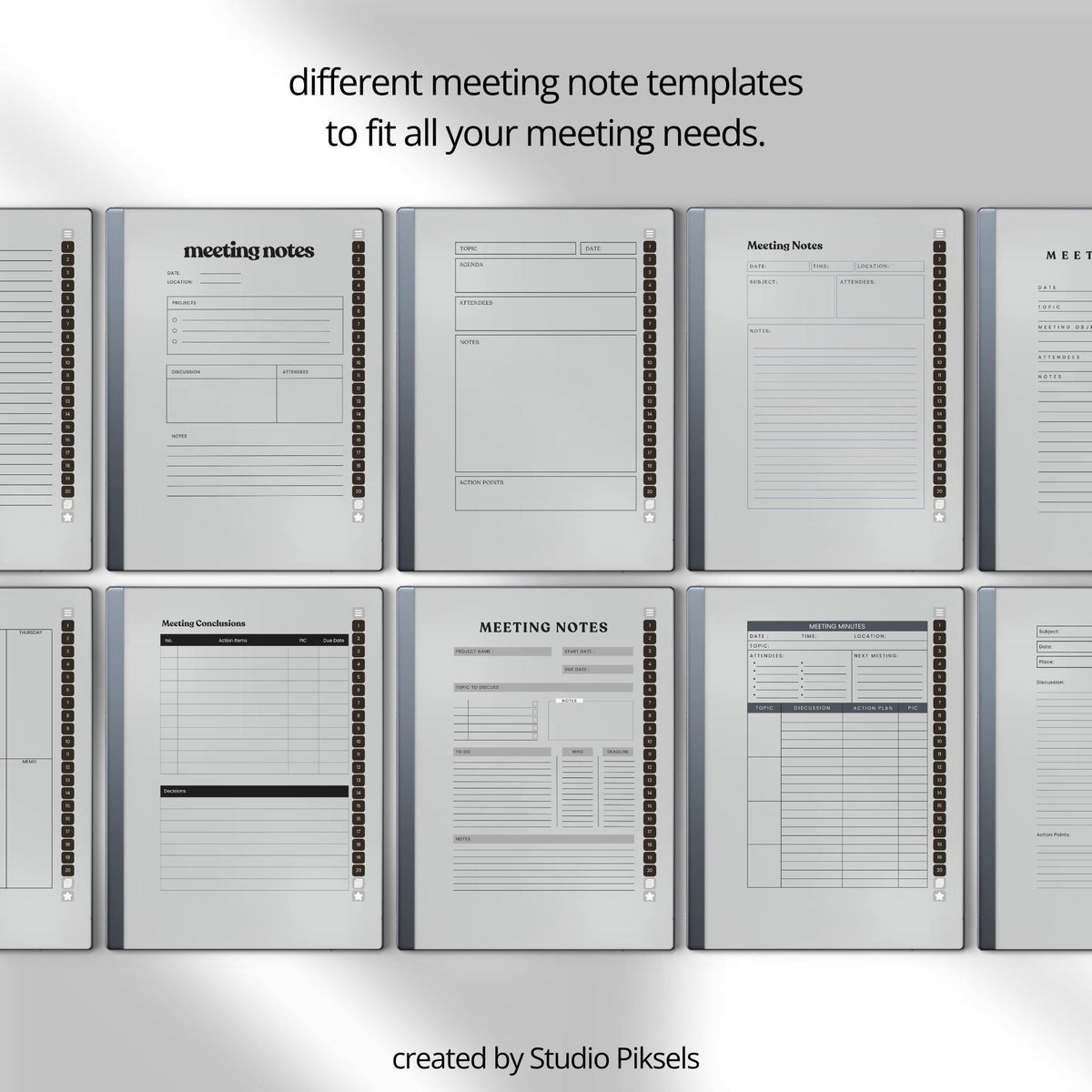 Unlimited Meeting Notes PDF for reMarkable 2 and Paper Pure with clickable templates, grayscale meeting pages, and hyperlinked navigation