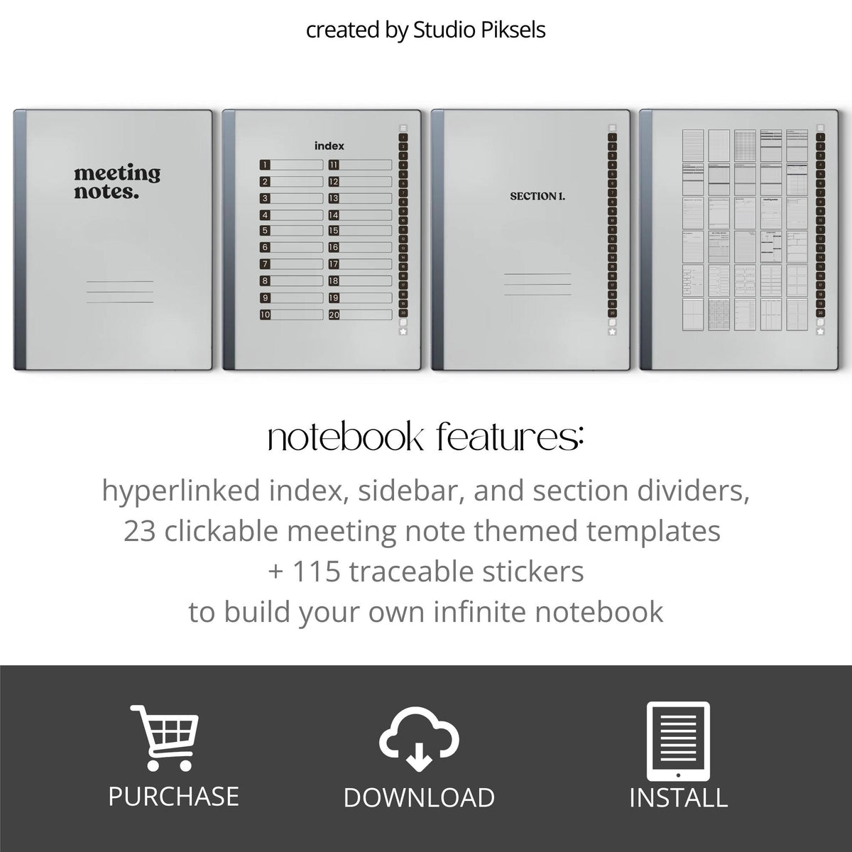 Unlimited Meeting Notes PDF for reMarkable 2 and Paper Pure with clickable templates, grayscale meeting pages, and hyperlinked navigation