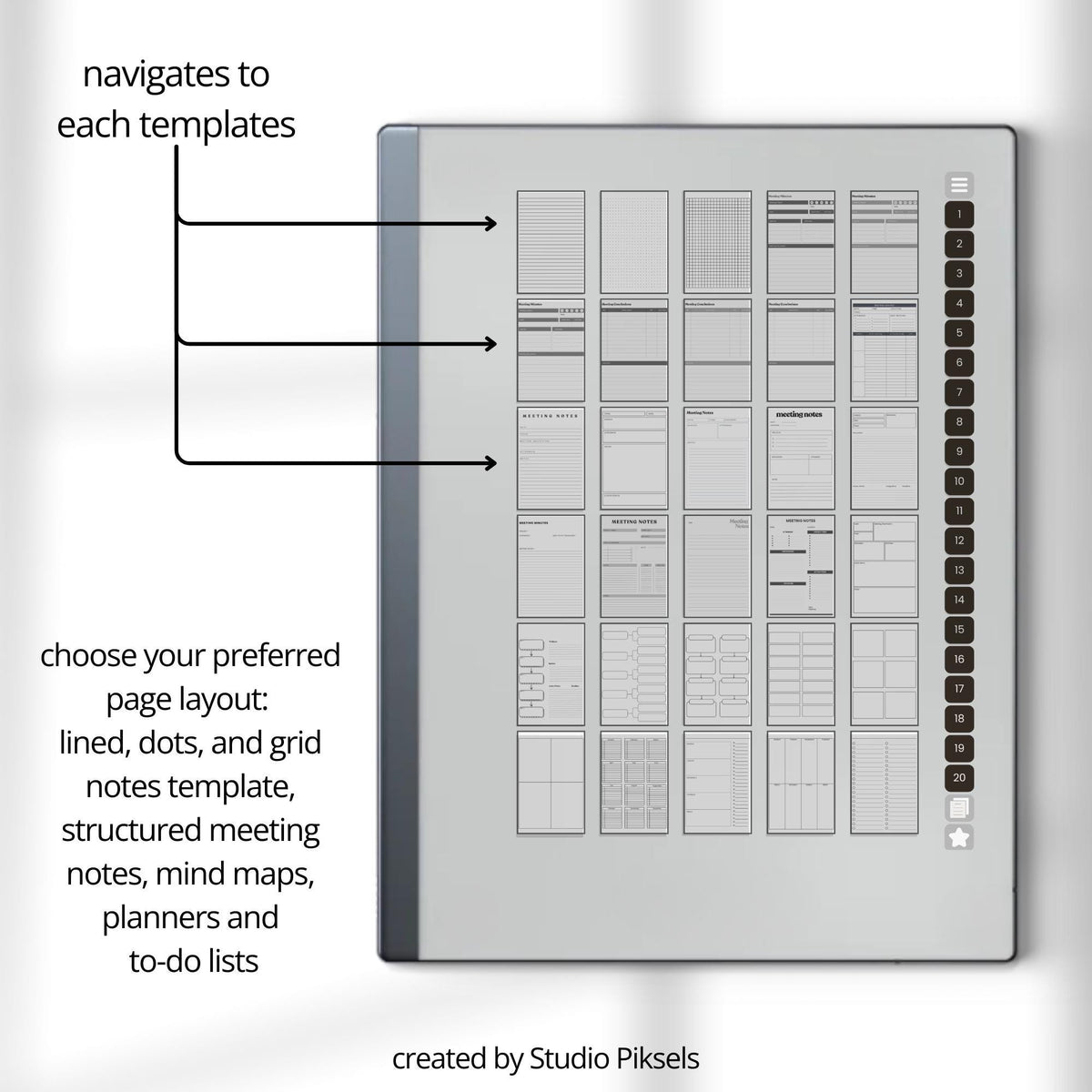 Unlimited Meeting Notes PDF for reMarkable 2 and Paper Pure with clickable templates, grayscale meeting pages, and hyperlinked navigation