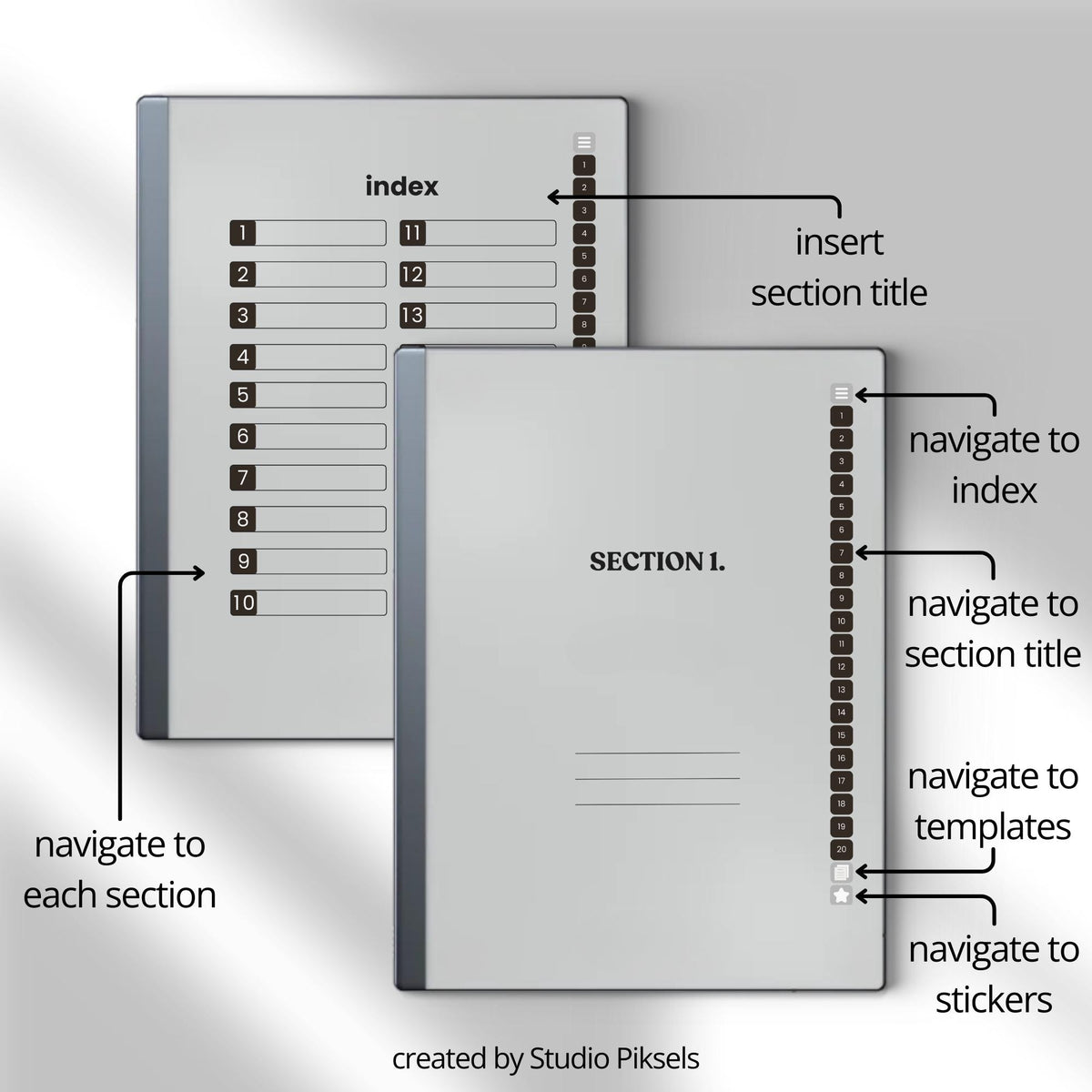 Unlimited Meeting Notes PDF for reMarkable 2 and Paper Pure with clickable templates, grayscale meeting pages, and hyperlinked navigation