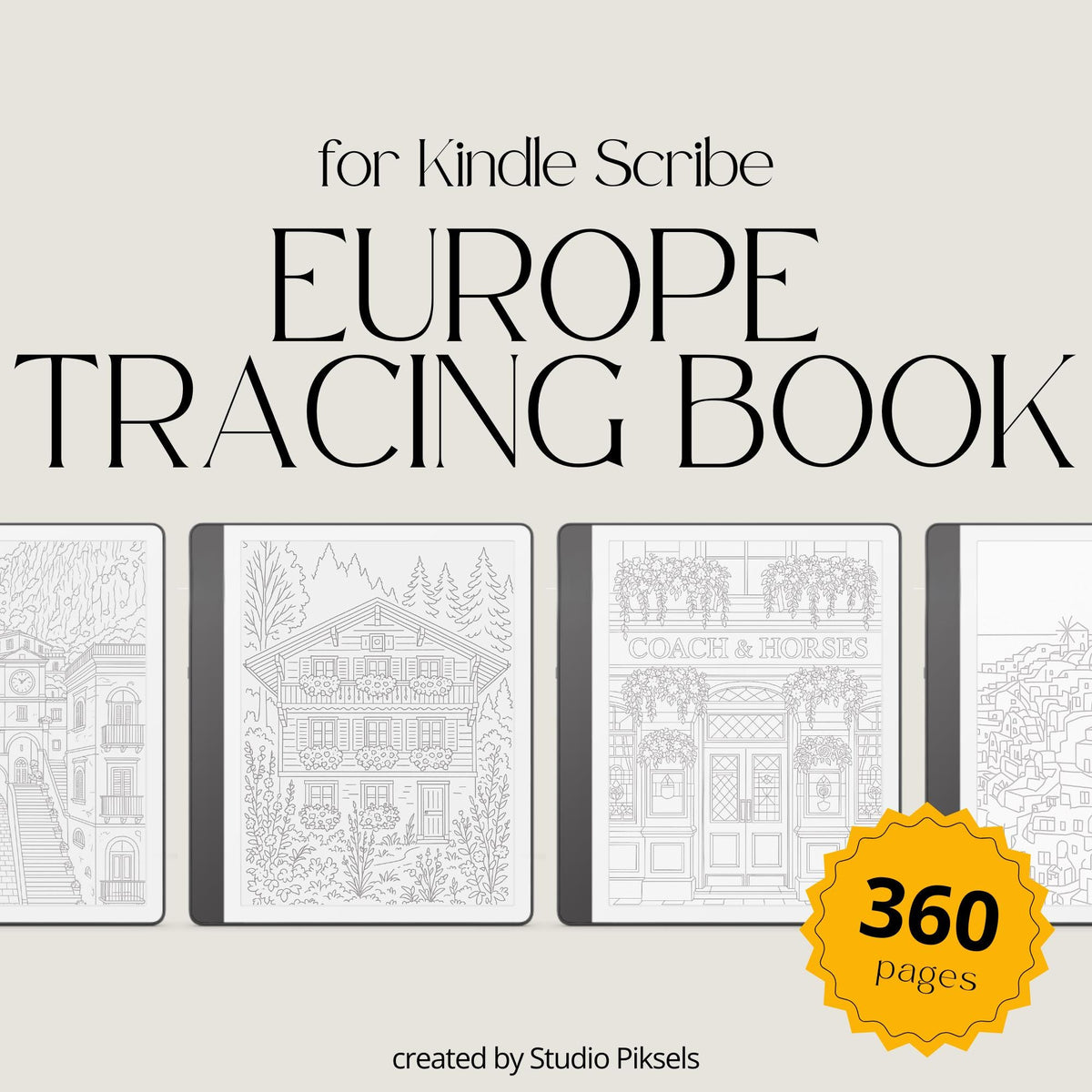 Europe Tracing Book Bundle for Kindle Scribe featuring European street scenes, cottages, canals, villages, and coastal tracing pages inspired by England, Italy, France, Greece, Switzerland, and the Netherlands.