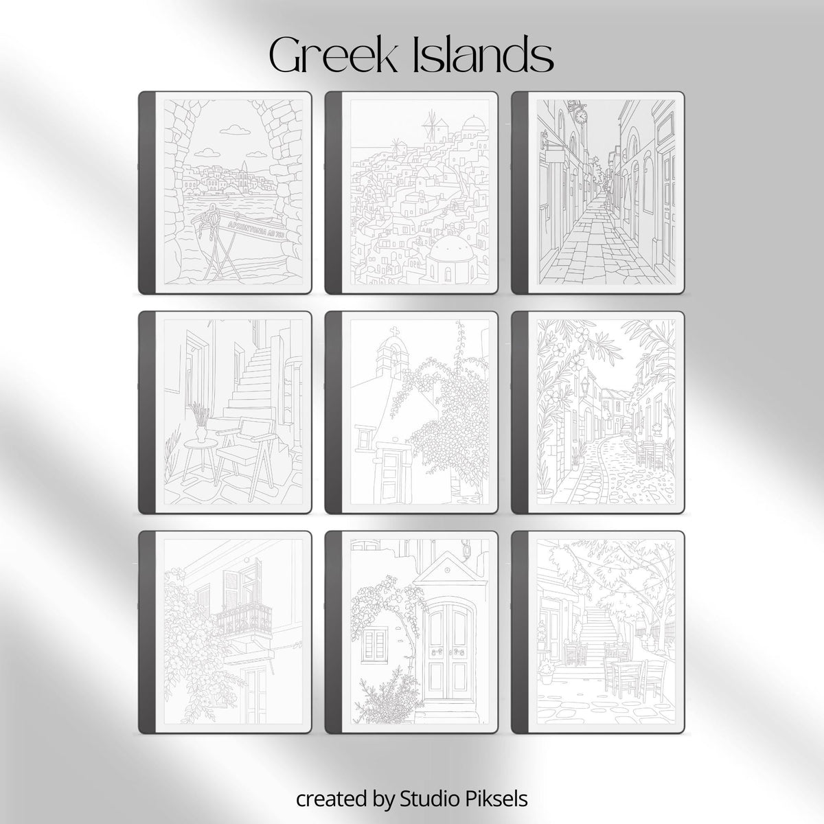 Europe Tracing Book Bundle for Kindle Scribe featuring European street scenes, cottages, canals, villages, and coastal tracing pages inspired by England, Italy, France, Greece, Switzerland, and the Netherlands.
