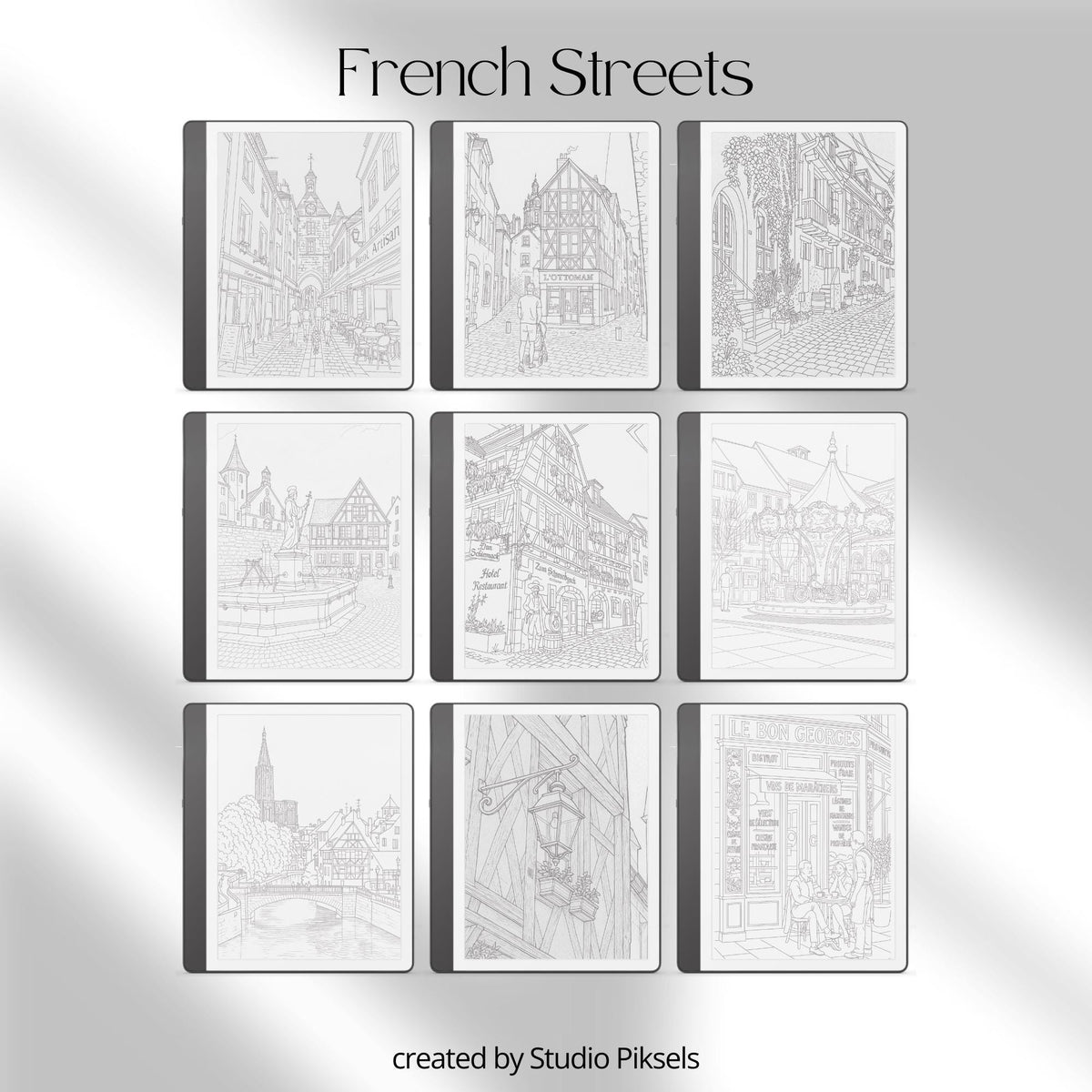 Europe Tracing Book Bundle for Kindle Scribe featuring European street scenes, cottages, canals, villages, and coastal tracing pages inspired by England, Italy, France, Greece, Switzerland, and the Netherlands.