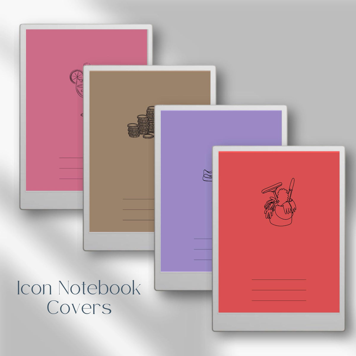 Organize your digital notebooks with this Icon Notebook Cover Bundle designed for reMarkable Paper Pro. This collection includes 25 colorful notebook covers with minimal line-art icons to help you quickly identify notebooks by category, topic, or purpose.