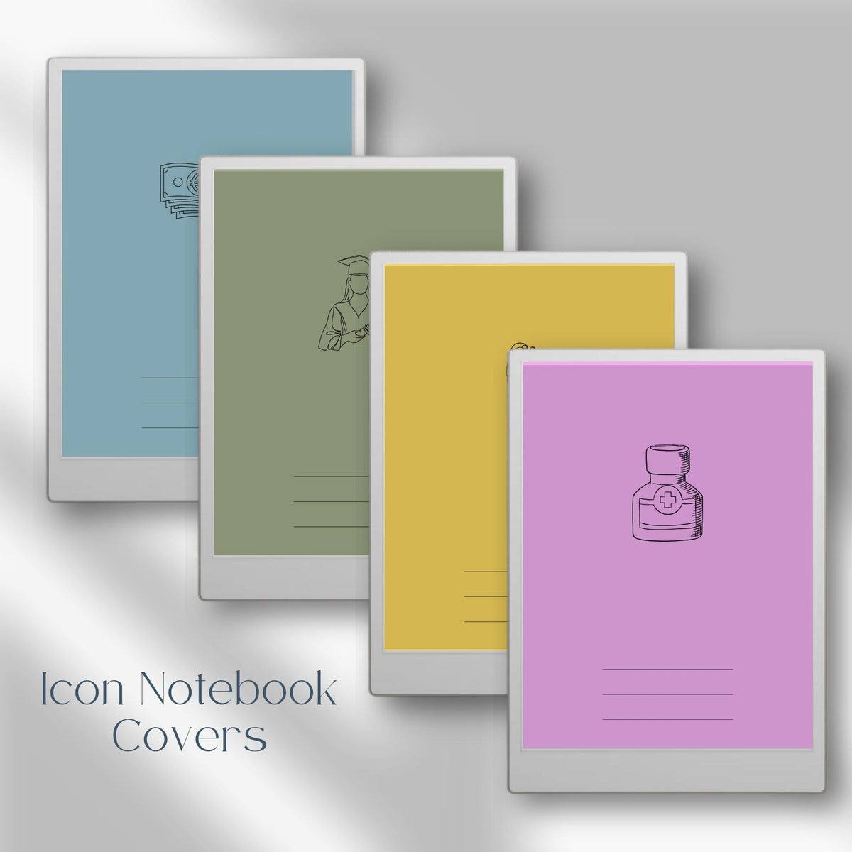 Organize your digital notebooks with this Icon Notebook Cover Bundle designed for reMarkable Paper Pro. This collection includes 25 colorful notebook covers with minimal line-art icons to help you quickly identify notebooks by category, topic, or purpose.