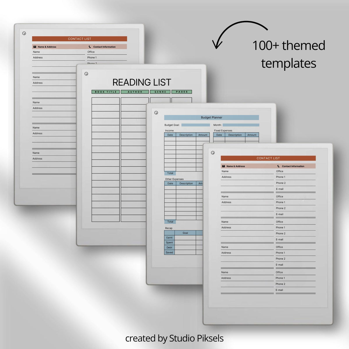 Starter Template Bundle for reMarkable Paper Pro with over 200 minimalist page layouts, productivity tracking forms, and clean digital note-taking templates.