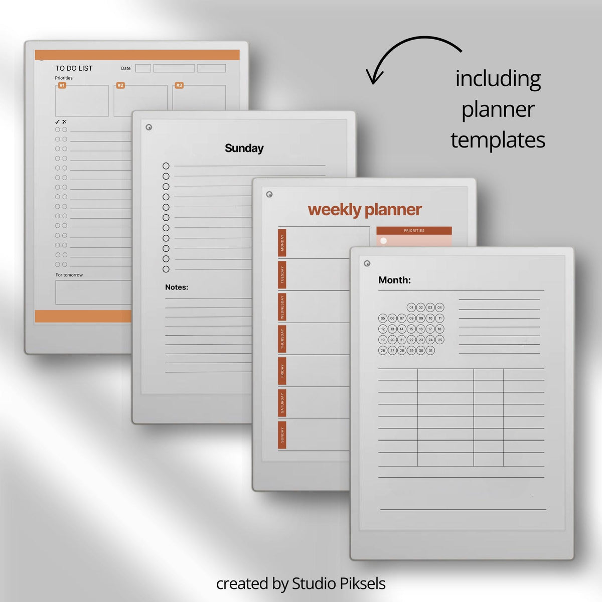 Starter Template Bundle for reMarkable Paper Pro with over 200 minimalist page layouts, productivity tracking forms, and clean digital note-taking templates.