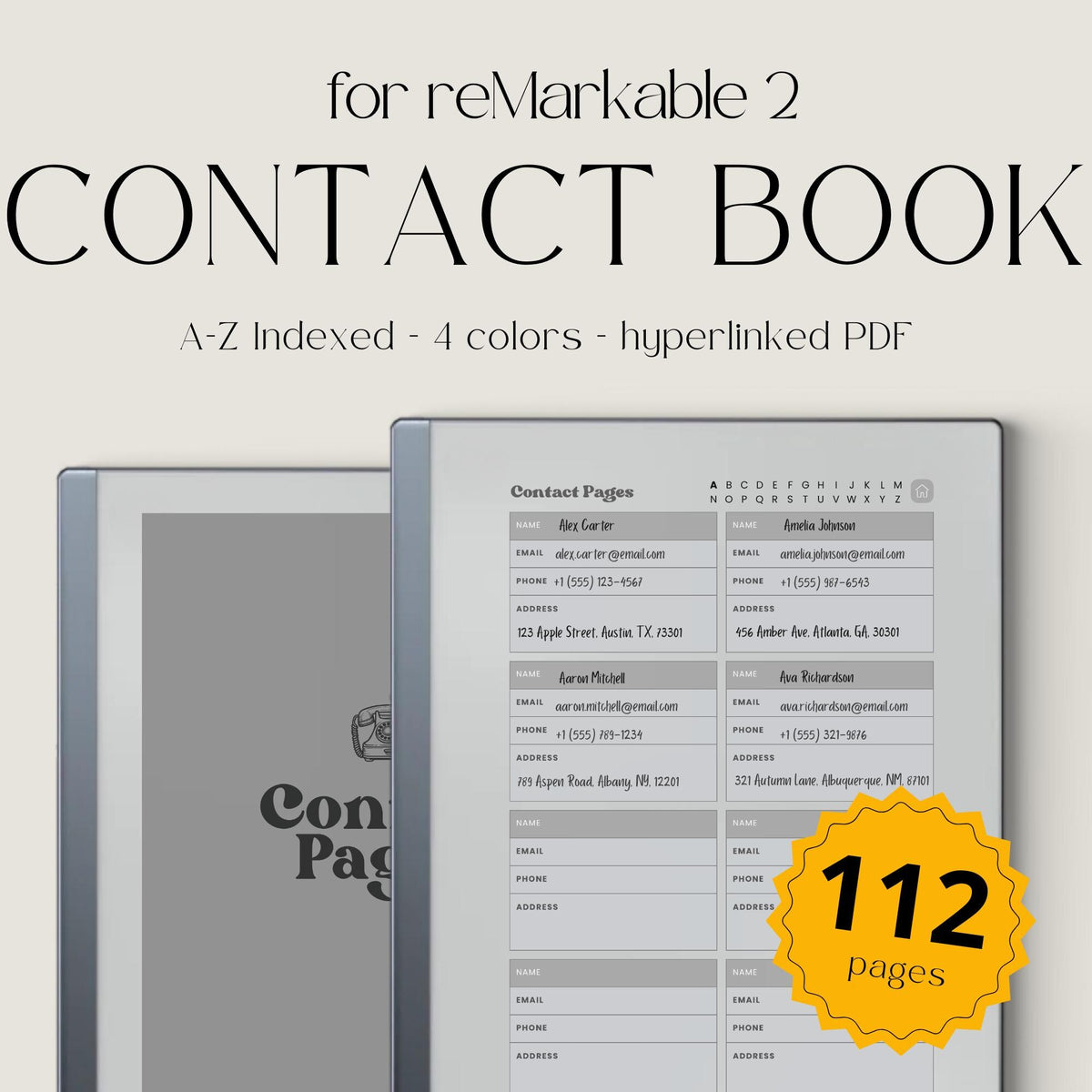 Digital contact book bundle for reMarkable Paper Pure and reMarkable 2 with hyperlinked A-Z sections and organized contact layouts