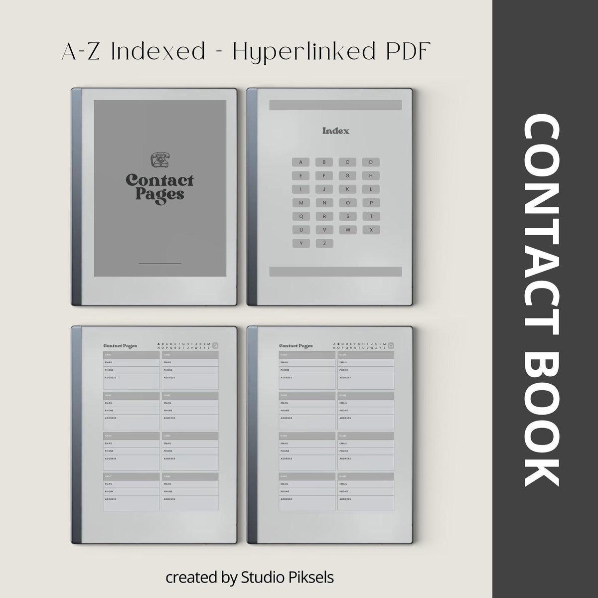 Digital contact book bundle for reMarkable Paper Pure and reMarkable 2 with hyperlinked A-Z sections and organized contact layouts