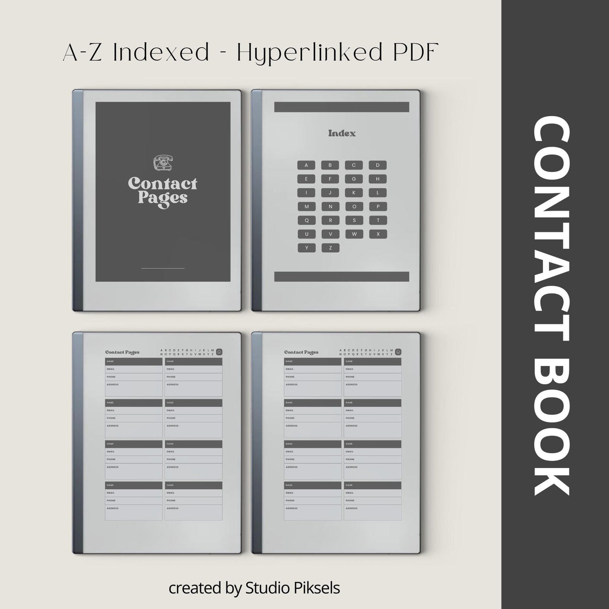 Digital contact book bundle for reMarkable Paper Pure and reMarkable 2 with hyperlinked A-Z sections and organized contact layouts